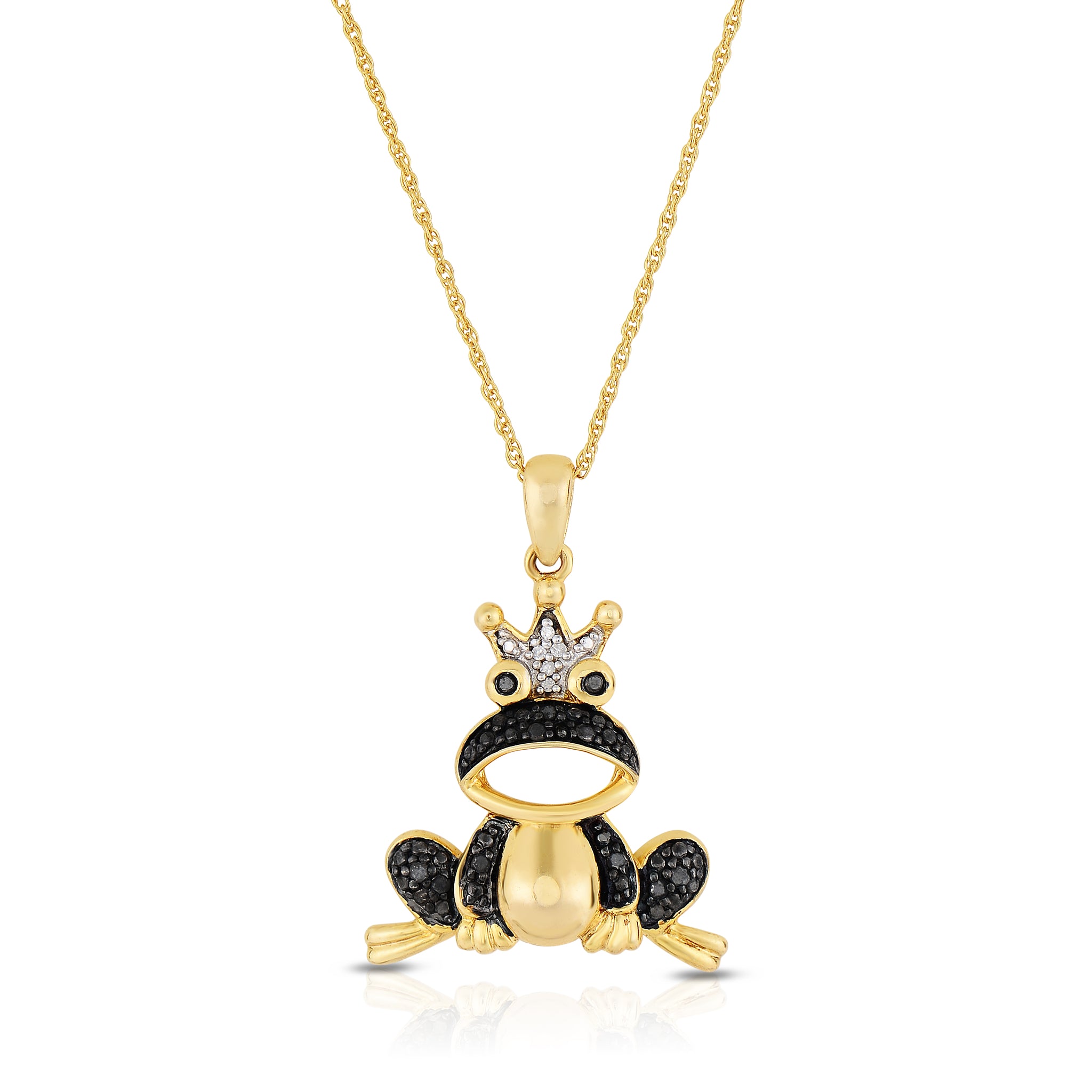 1/10 Cttw Black Diamond Frog Necklace for Women in Yellow Gold Plated Silver