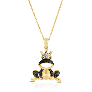 1/10 Cttw Black Diamond Frog Necklace for Women in Yellow Gold Plated Silver