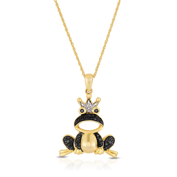 1/10 Cttw Black Diamond Frog Necklace for Women in Yellow Gold Plated Silver