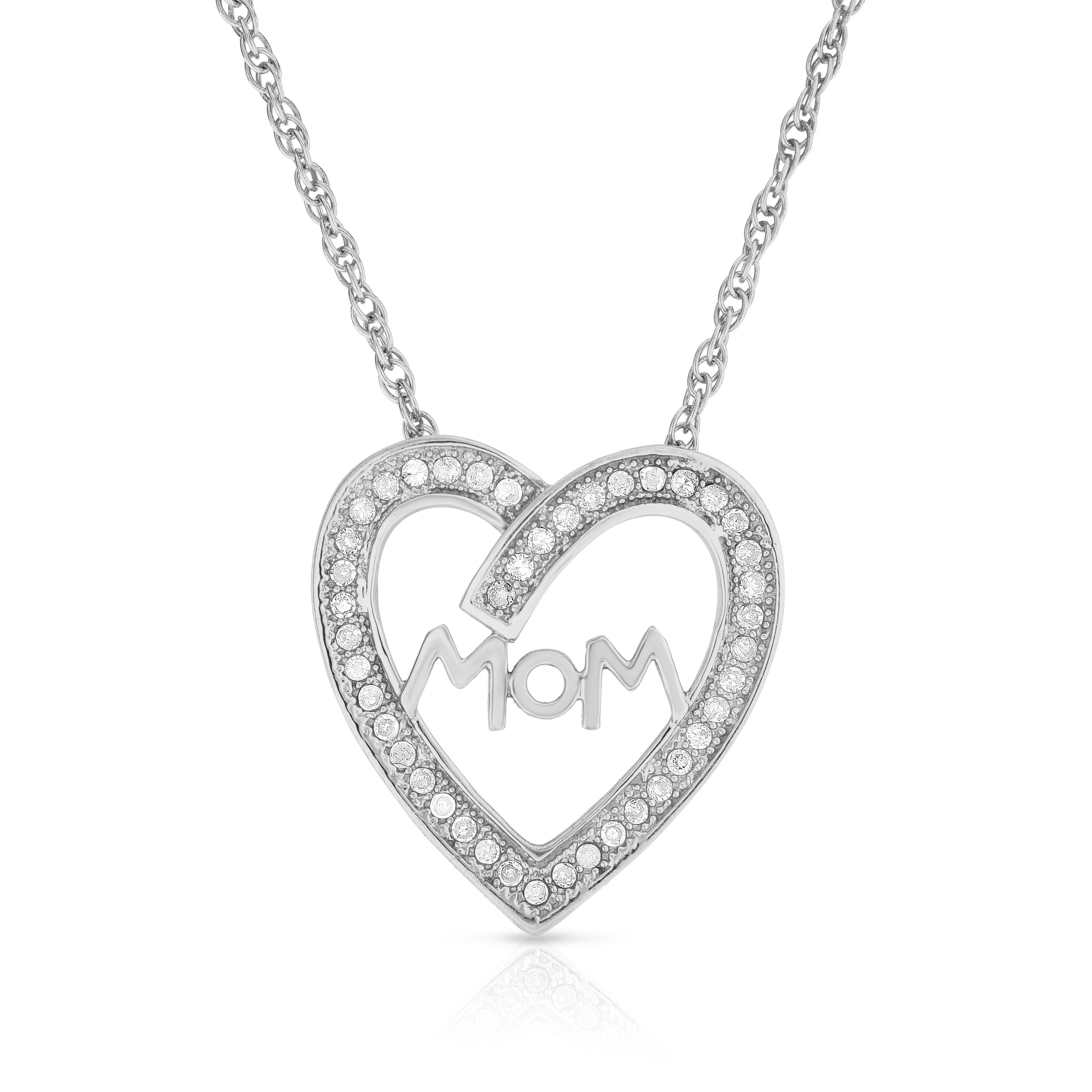 1/4 Cttw Diamond Mom Heart Necklace 18 Inch Rope Chain Rhodium Plated Silver