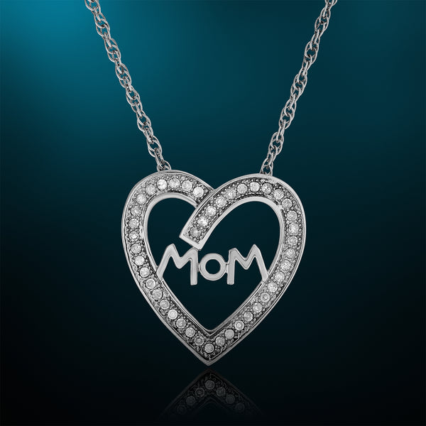 1/4 Cttw Diamond Mom Heart Necklace 18 Inch Rope Chain Rhodium Plated Silver