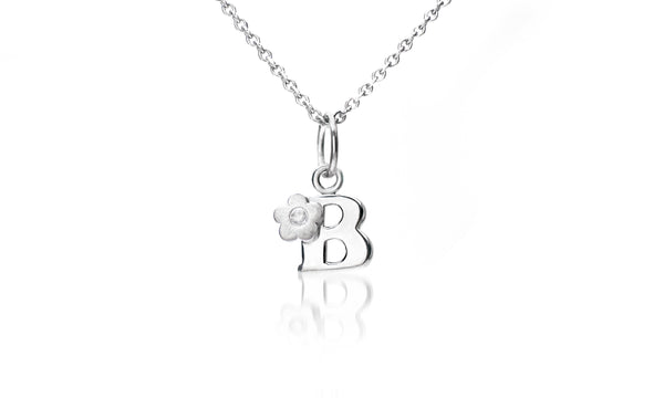 Initial Letter Charm Necklace on 14 Inch Adjustable Chain Rhodium Plated Silver