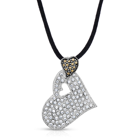 Sterling Silver Marcasite and Crystal Heart Pendant on Black Cord Necklace