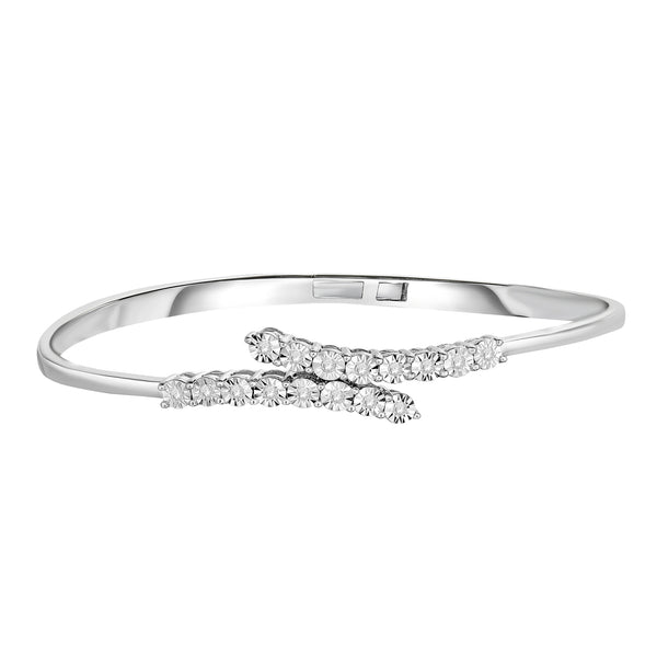 1/4 Cttw Diamond Open Cuff Bangle Bracelet Rhodium Plated Silver