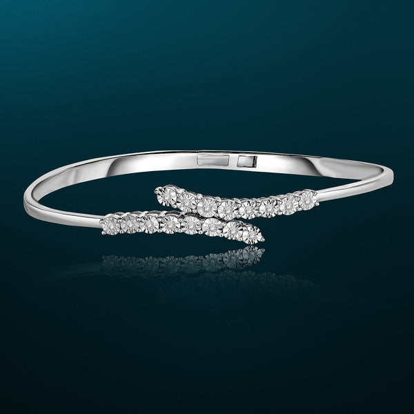 1/4 Cttw Diamond Open Cuff Bangle Bracelet Rhodium Plated Silver