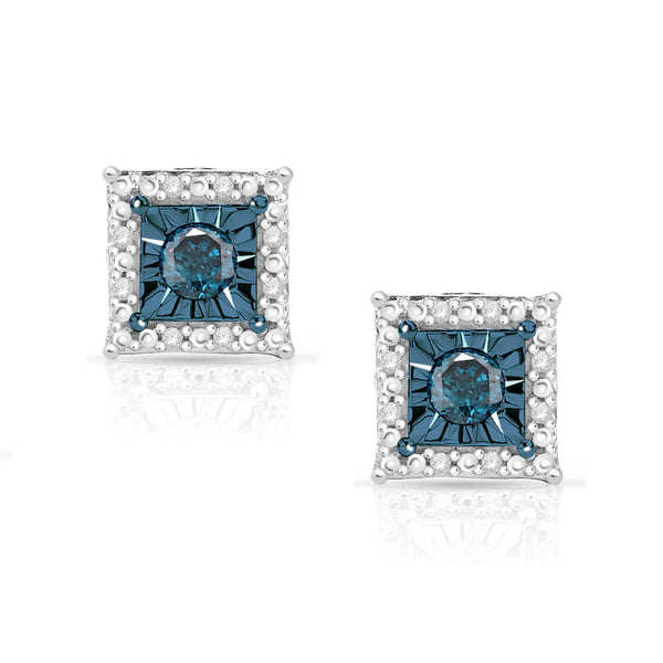 1/4 Cttw Halo Color Diamond Stud Earrings Rhodium Plated Silver