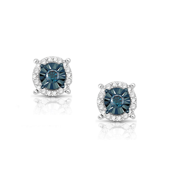 1/4 Cttw Halo Color Diamond Stud Earrings Rhodium Plated Silver