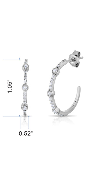3/8 Cttw Diamond J Hoop Semi Circle Round Earrings in Rhodium Plated Silver