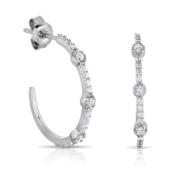 3/8 Cttw Diamond J Hoop Semi Circle Round Earrings in Rhodium Plated Silver