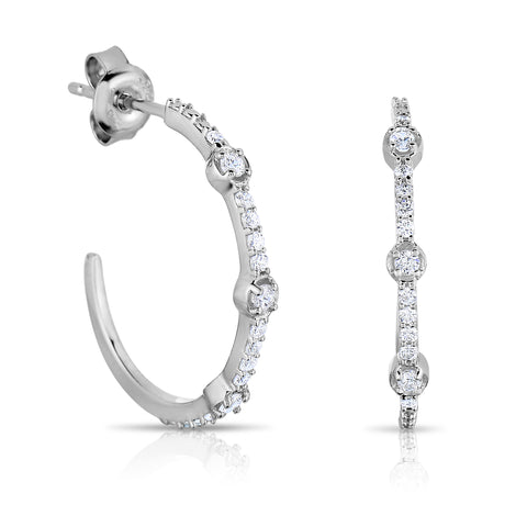 3/8 Cttw Diamond J Hoop Semi Circle Round Earrings in Rhodium Plated Silver