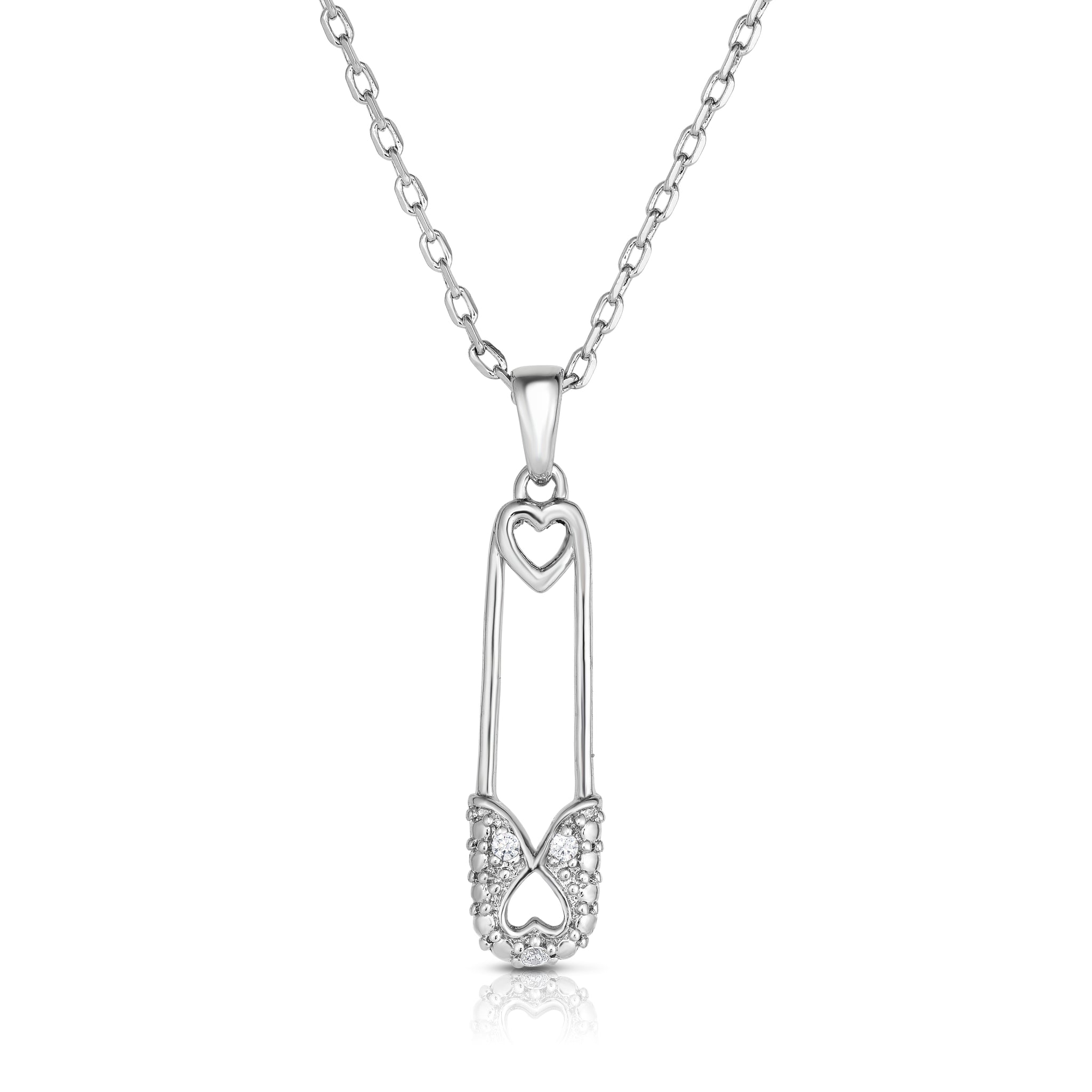 Diamond Solidarity Safety Pin Necklace with 18 Inch Chain Rhodium Plated Brass