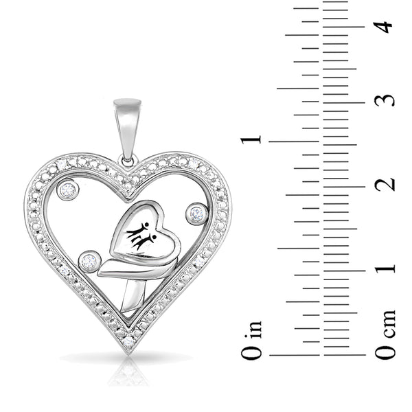 1/10 Cttw Diamond Family Heart Ribbon Necklace Rhodium Plated Silver