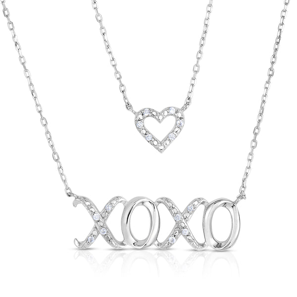 1/10 Cttw Diamond Heart Xoxo Double Strand Necklace in Rhodium Plated Silver