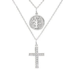 1/5 Cttw Diamond Cross Tree Double Strand Necklace 18 Inch Rhodium Plated Silver