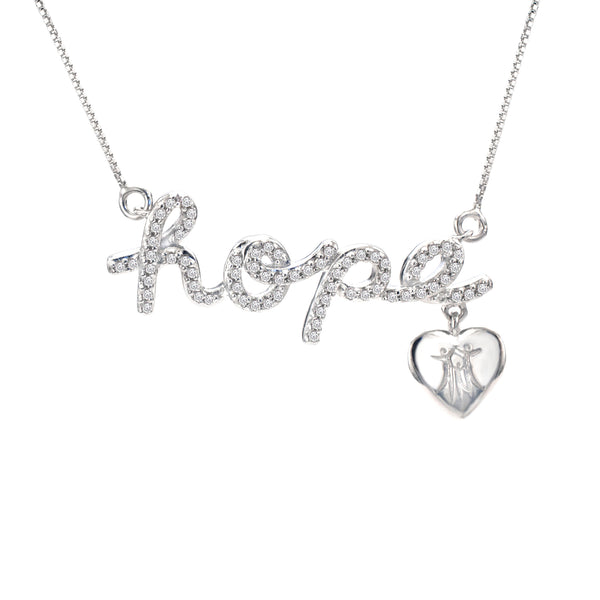 1/3 Cttw Diamond Hope Necklace with Heart Charm in Rhodium Plated Silver
