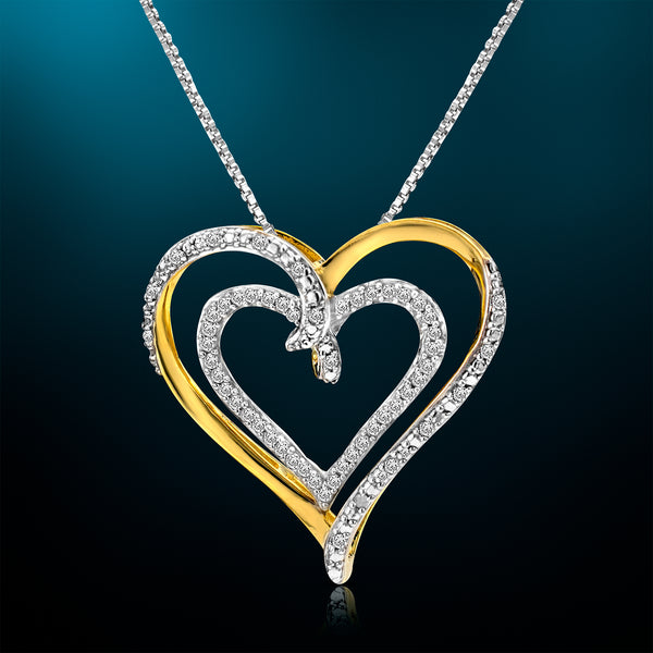 1/3 Cttw Diamond Double Heart Necklace for Women in Yellow Gold Plated Silver