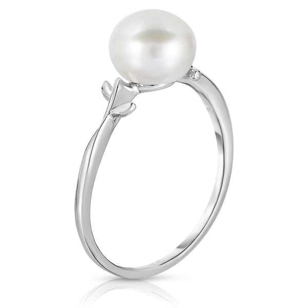 8.00mm Cultured Freshwater Pearl Leaf Ring for Women Rhodium Plated Silver