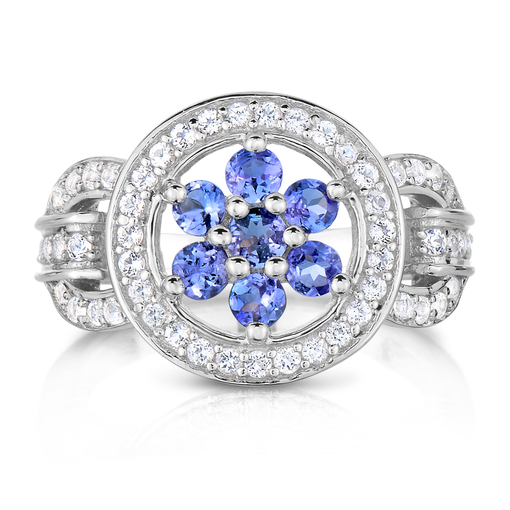 Tanzanite and White Topaz Halo Flower Ring Size 7 in Rhodium Plated Silver