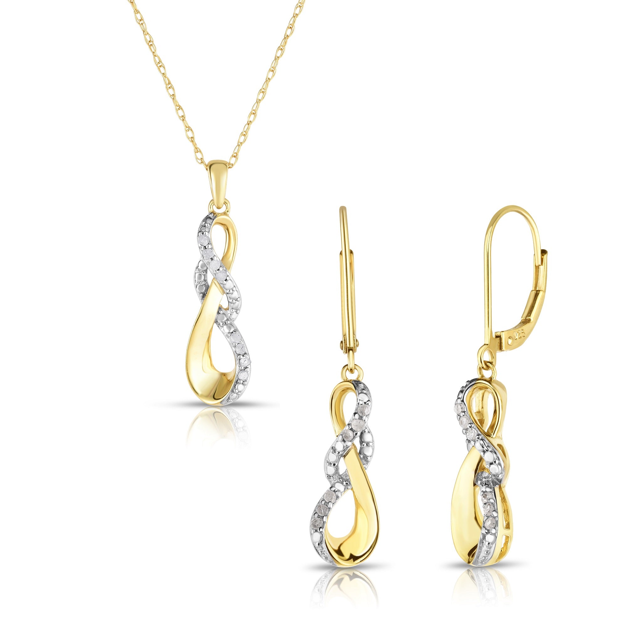 1/4 Cttw Diamond Infinity Earrings and Necklace in Yellow Gold Plated Silver