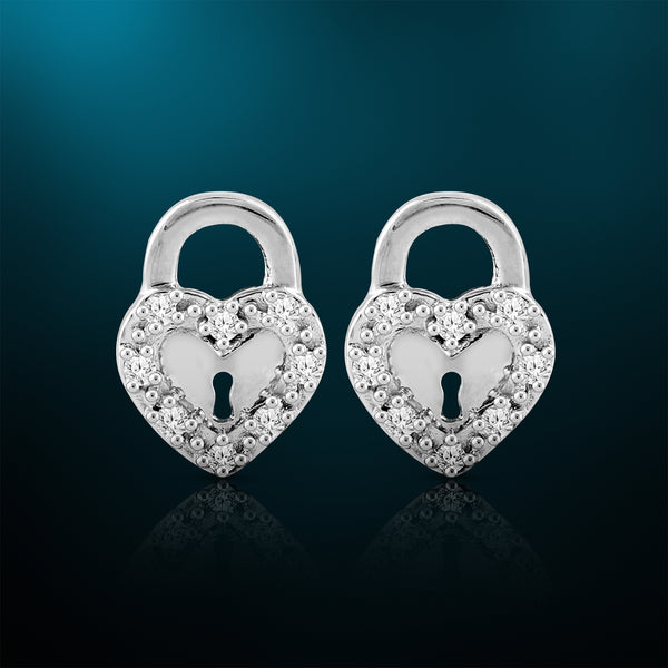 1/10 Cttw Diamond Heart Lock Earrings for Women in Sterling Silver