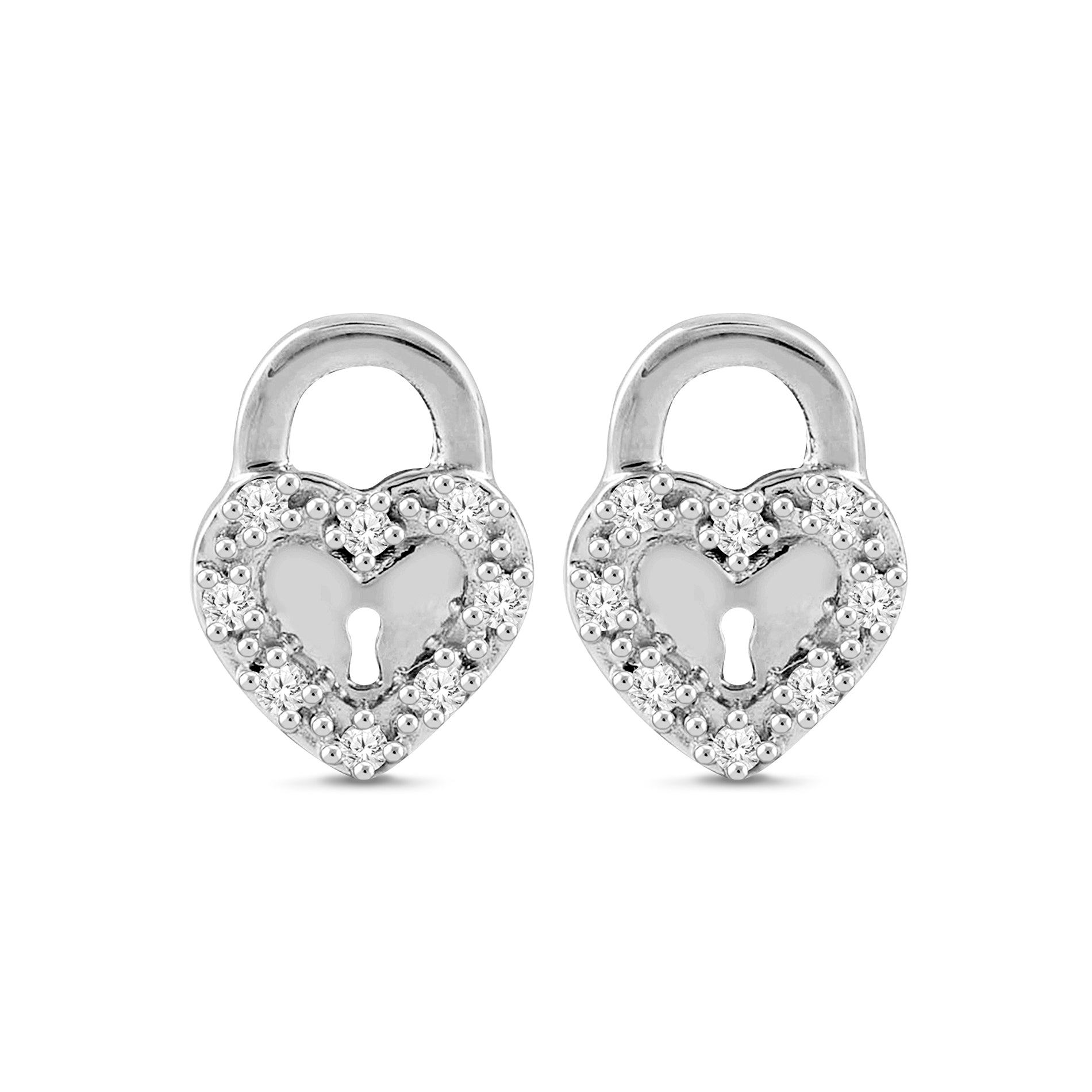 1/10 Cttw Diamond Heart Lock Earrings for Women in Sterling Silver