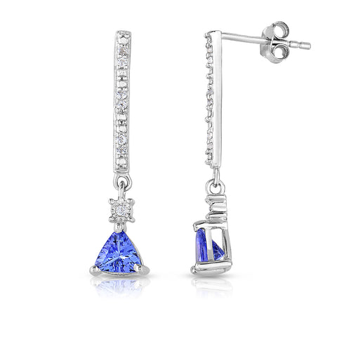 1 Cttw Trillion Tanzanite White Topaz Bar Drop Earrings Rhodium Plated Silver