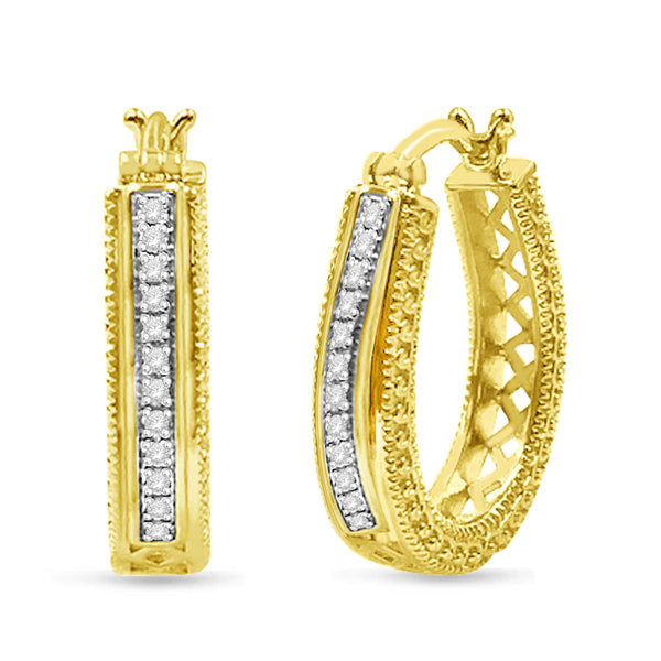 1/10 Cttw Diamond Round Filigree Hoop Earrings in Yellow Gold Plated Silver