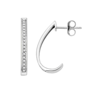 1/10 Cttw Diamond Round Hoop Earrings J Hoop in Rhodium Plated Sterling Silver