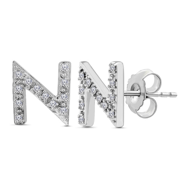 Alphabet Initial 1/10 Cttw Diamond Stud Earrings Silver Various Letters