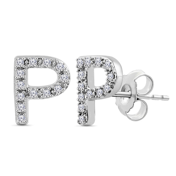 Alphabet Initial 1/10 Cttw Diamond Stud Earrings Silver Various Letters