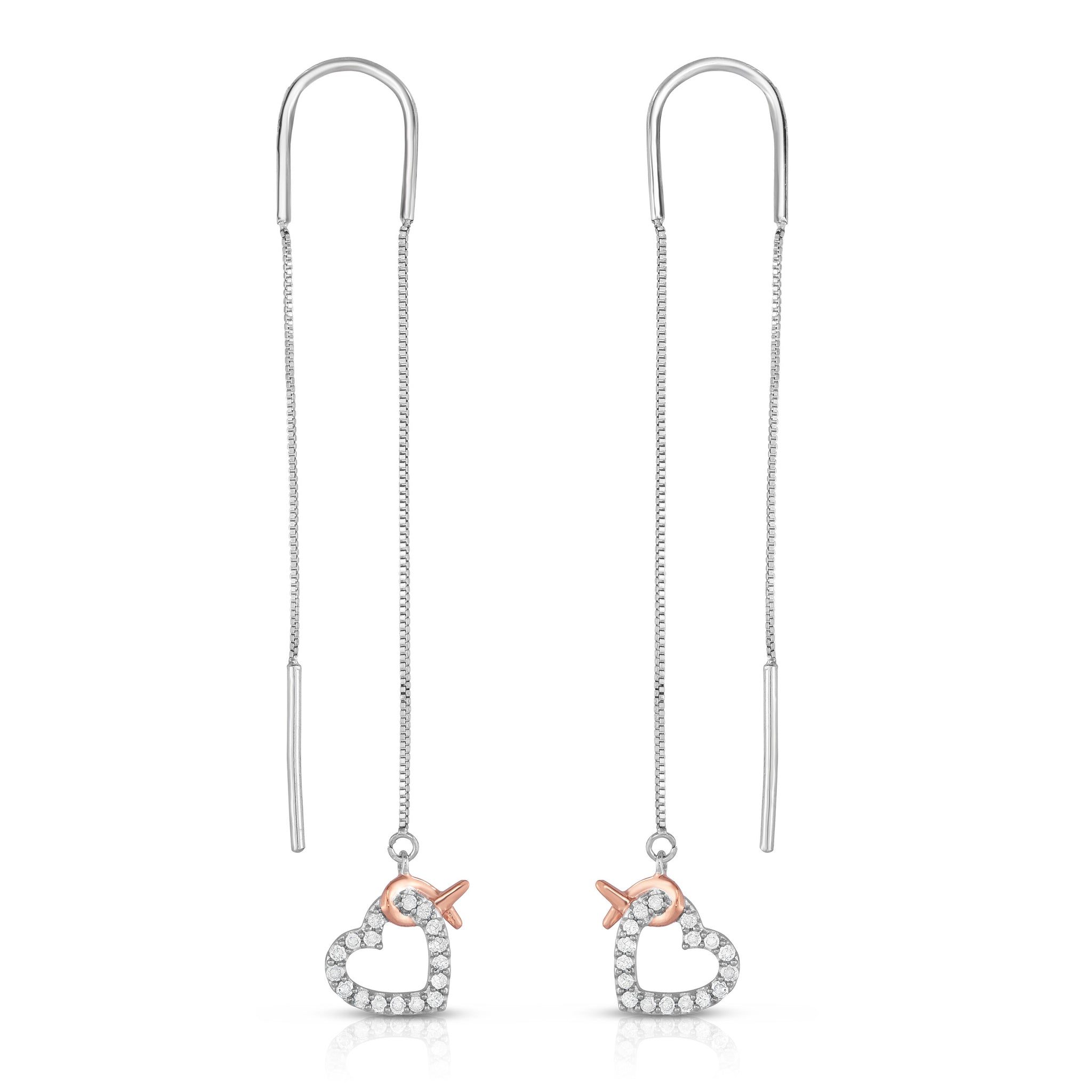 1/5 Cttw Diamond Heart Dangle Threader Women's Earrings Rhodium Plated Silver