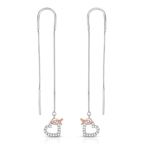 1/5 Cttw Diamond Heart Dangle Threader Women's Earrings Rhodium Plated Silver