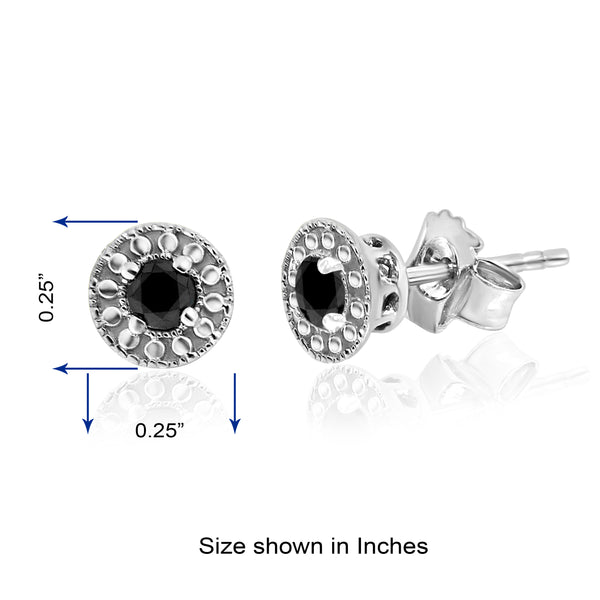 1/4 Cttw Black Diamond Beaded Halo Stud Earrings Rhodium Plated Silver