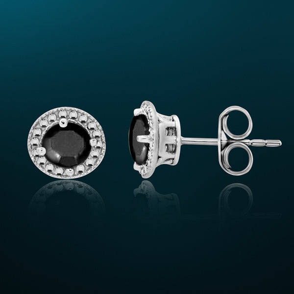 1/4 Cttw Black Diamond Beaded Halo Stud Earrings Rhodium Plated Silver