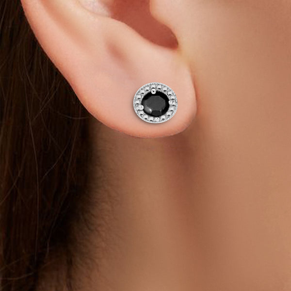 1/4 Cttw Black Diamond Beaded Halo Stud Earrings Rhodium Plated Silver