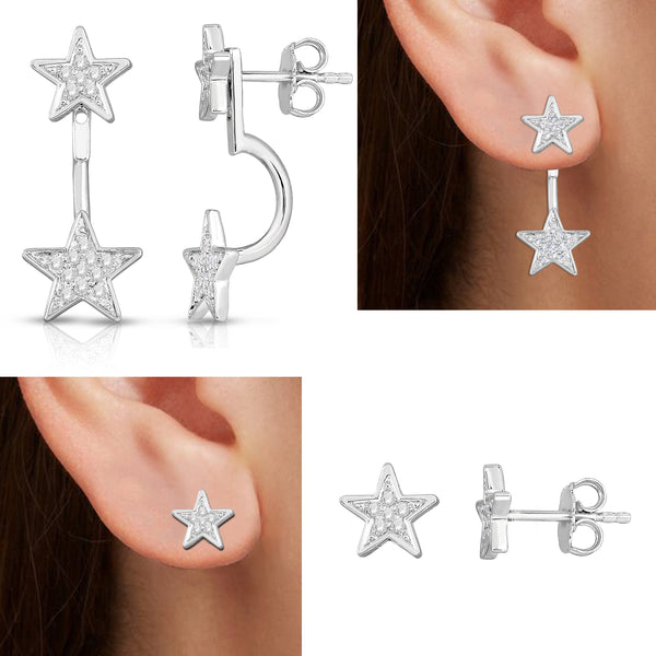 4 in 1 Double Star Dangle Adjustable Earrings in Rhodium Plated Sterling Silver