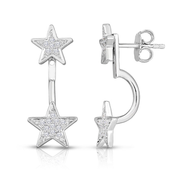 4 in 1 Double Star Dangle Adjustable Earrings in Rhodium Plated Sterling Silver