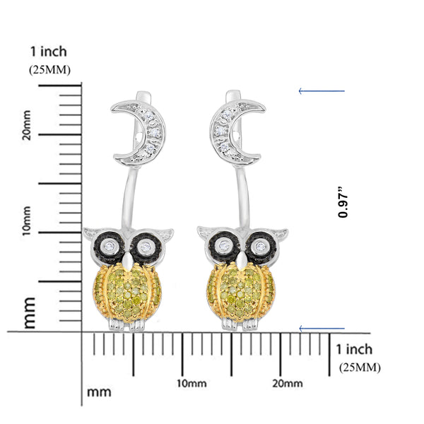 1/4 Cttw Yellow and Black Diamond Owl Earrings Rhodium Plated Silver