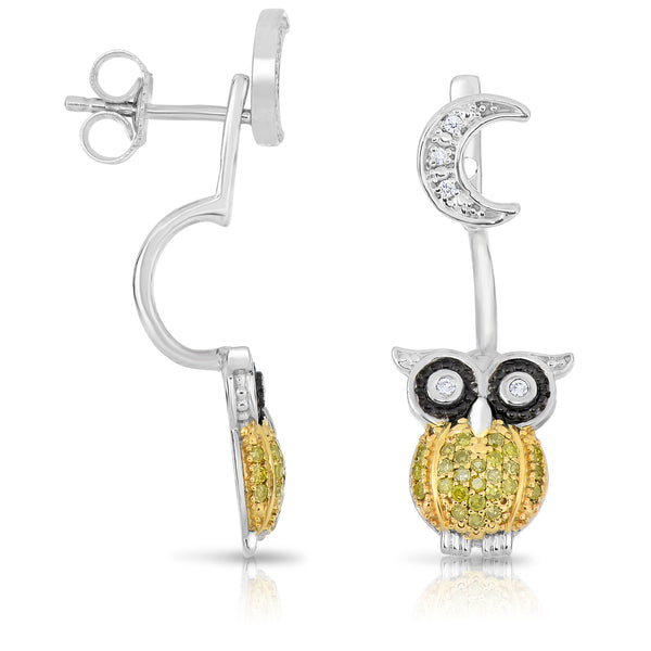 1/4 Cttw Yellow and Black Diamond Owl Earrings Rhodium Plated Silver