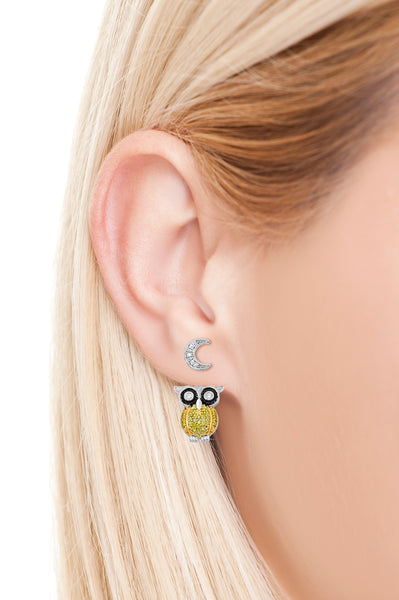 1/4 Cttw Yellow and Black Diamond Owl Earrings Rhodium Plated Silver