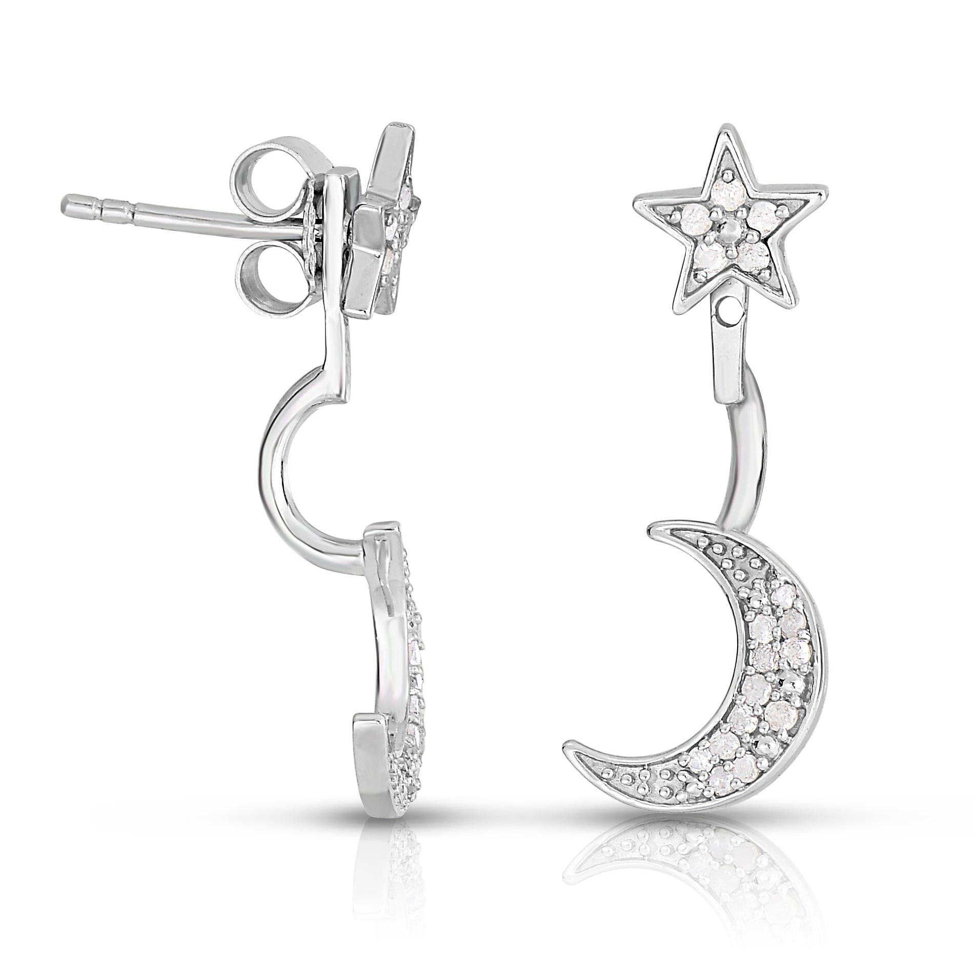 4 in 1 Star Moon Dangle Adjustable Earrings in Rhodium Plated Sterling Silver