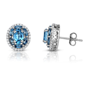 Blue and White Topaz Diamond Stud Earrings in Rhodium Plated Sterling Silver