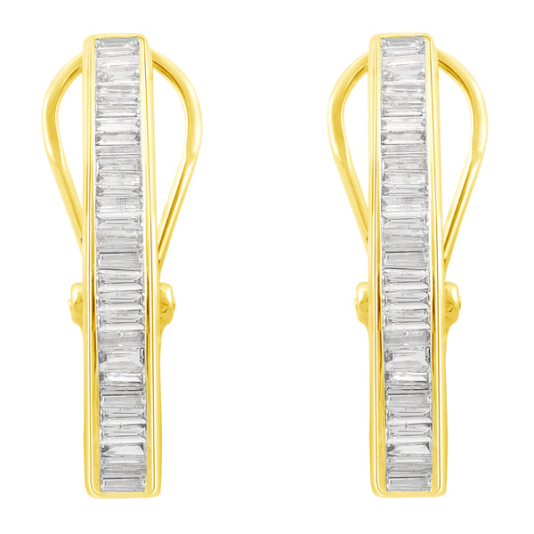 14K Gold 1 Cttw Diamond Baguette J Hoop Earrings with Omega Backs Channel Set