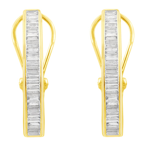 14K Gold 1 Cttw Diamond Baguette J Hoop Earrings with Omega Backs Channel Set