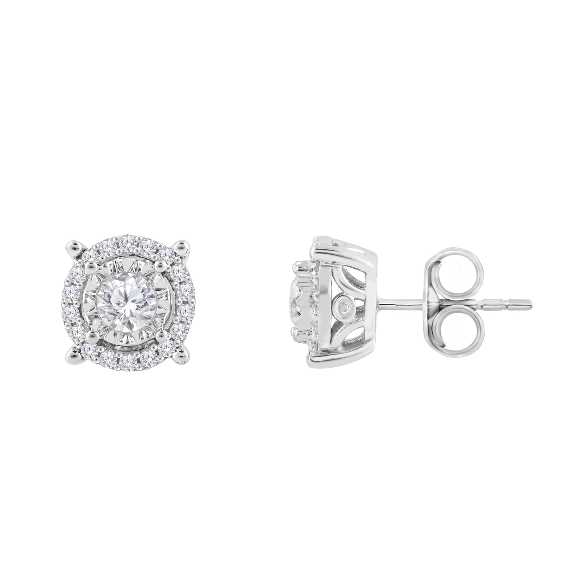 1 Cttw Round Halo Diamond Stud Earrings Rhodium Plated Silver