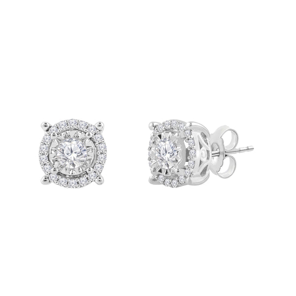 1 Cttw Round Halo Diamond Stud Earrings Rhodium Plated Silver