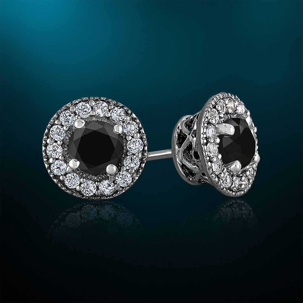 108. Black Diamond and Small Diamond Halo Platinum Earrings | Cape Diamonds  : Cape Diamonds