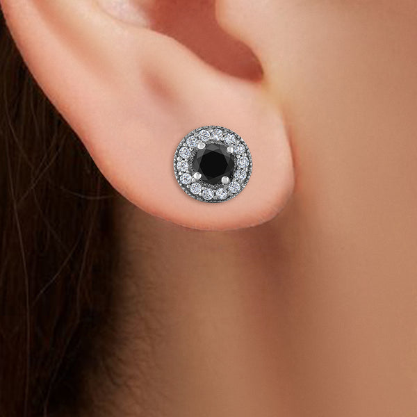 1.50 - 2 Cttw Black Diamond Halo Stud Earrings in Rhodium Plated Sterling Silver