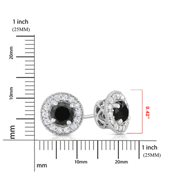 1.50 - 2 Cttw Black Diamond Halo Stud Earrings in Rhodium Plated Sterling Silver