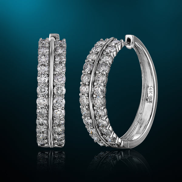 14K White Gold 2 Cttw Diamond Double Row Hoop Earrings (Color HI/Clarity I2)